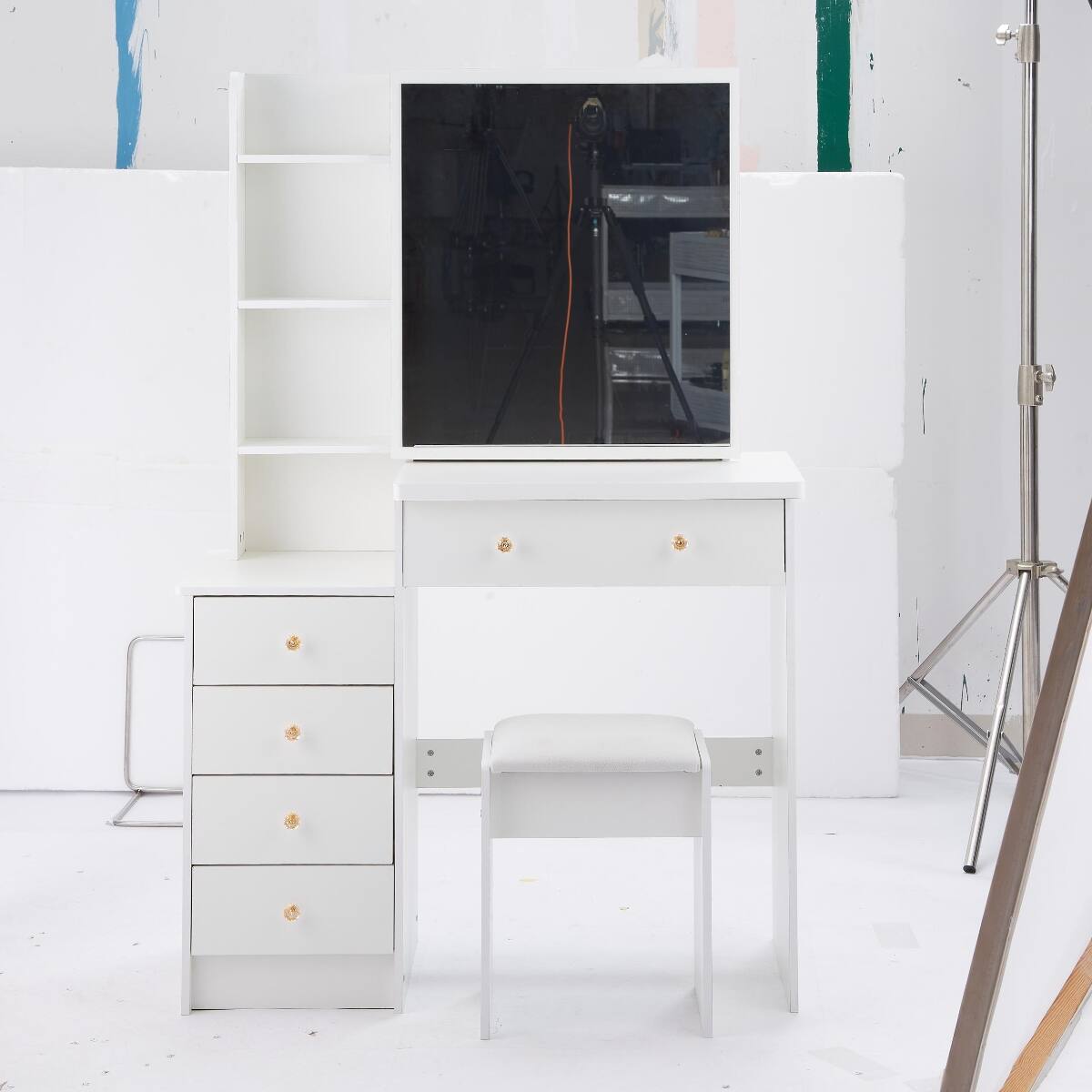 Alt View 4. Loheer - Loheer 37 inch makeup vanity with stool, sliding mirror and layered storage - White.