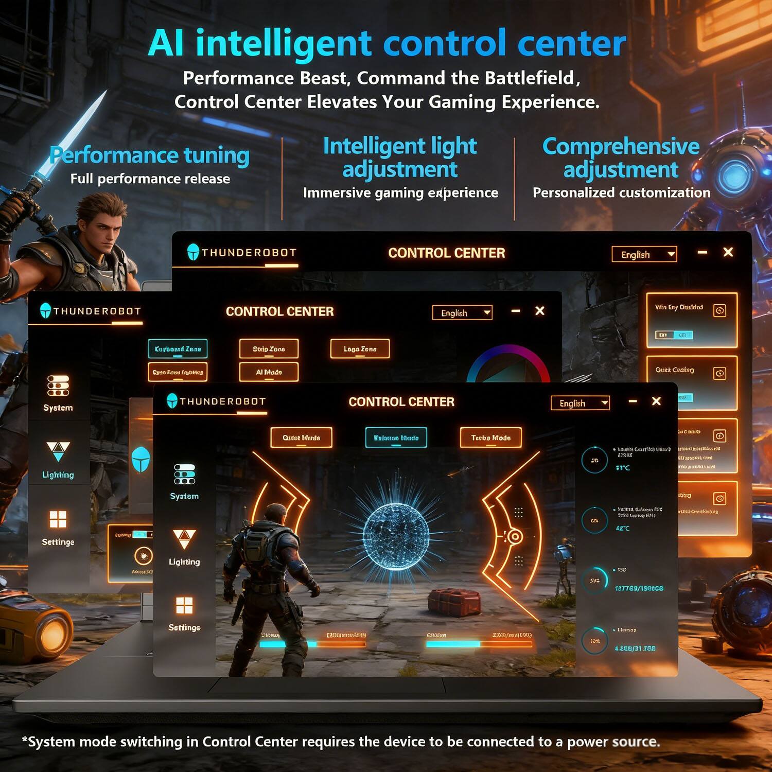 AI intelligent control center  
Performance Beast, Command the Battlefield, Control Center Elevates Your Gaming Experience.

Performance tuning  
Full performance release

Intelligent light adjustment  
Immersive gaming experience

Comprehensive adjustment  
Personalized customization

THUNDEROBOT CONTROL CENTER  
English

*System mode switching in Control Center requires the device to be connected to a power source.