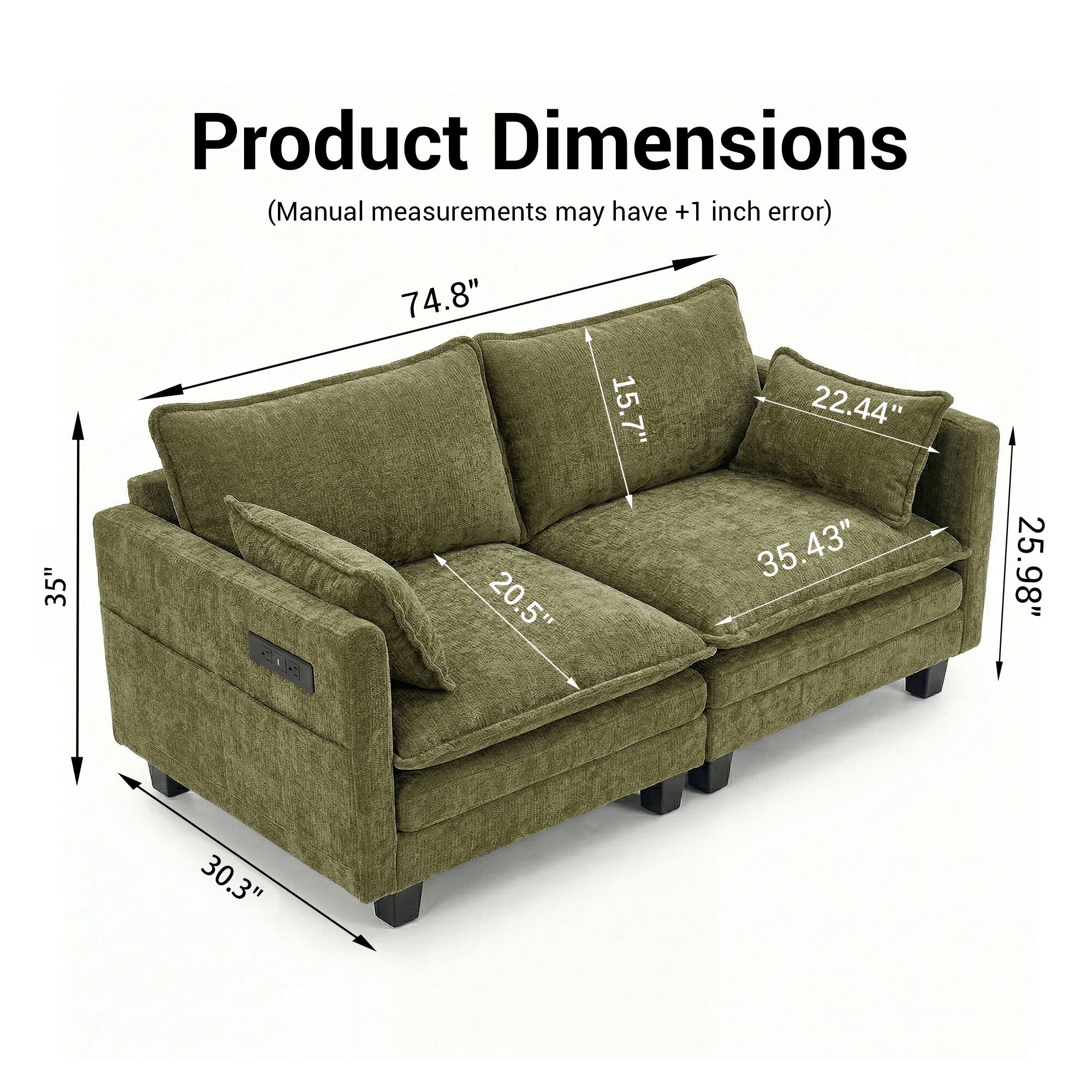 Product Dimensions (Manual measurements may have +1 inch error)  
35" x 74.8" x 20.5" x 15.7" x 22.44" x 35.43" x 25.98" x 30.3"
