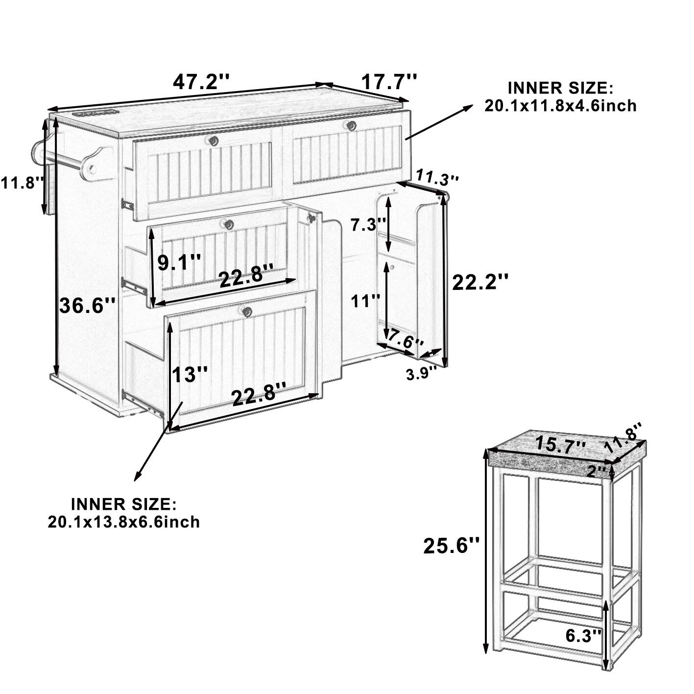 47.2" 17.7" INNER SIZE: 20.1x11.8x4.6inch 11.8" 11.3" 7.3" 36.6" 9.1" 22.8" 13" 22.8" 22.2" 11" 7.6" 3.9" 15.7" 11.8" 2" INNER SIZE: 20.1x13.8x6.6inch 25.6" 6.3"