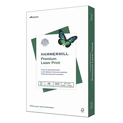 Sure, here is the corrected and grouped text:
---
**Sylvamo**
**HAMMERMILL Premium Laser Print**
- 24 sheets
- 98 g/m²
- 500 sheets
- 17" x 11"
- 279 x 432 mm
**Le papier pour documents importants.**
**Pour le photocopie et les documents importants.**
**Papel para documentos importantes.**
**Makes your work look better**
---
**Sylvamo**