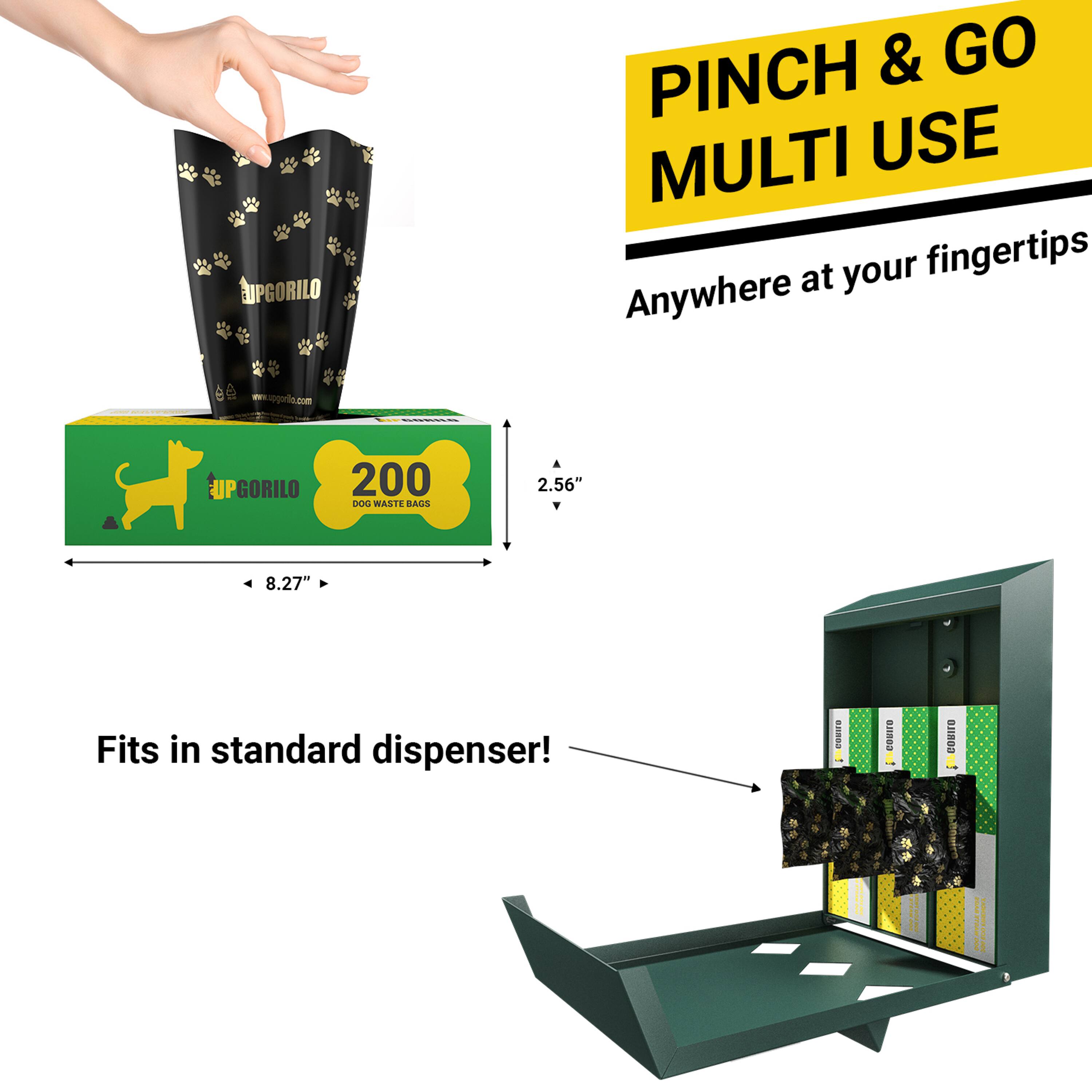 UPGORILO & GO PINCH MULTI USE  
Anywhere at your fingertips  
UPGORILO 200 BOO WASTE BAGS  
2.56" x 8.27"  
Fits in standard dispenser!