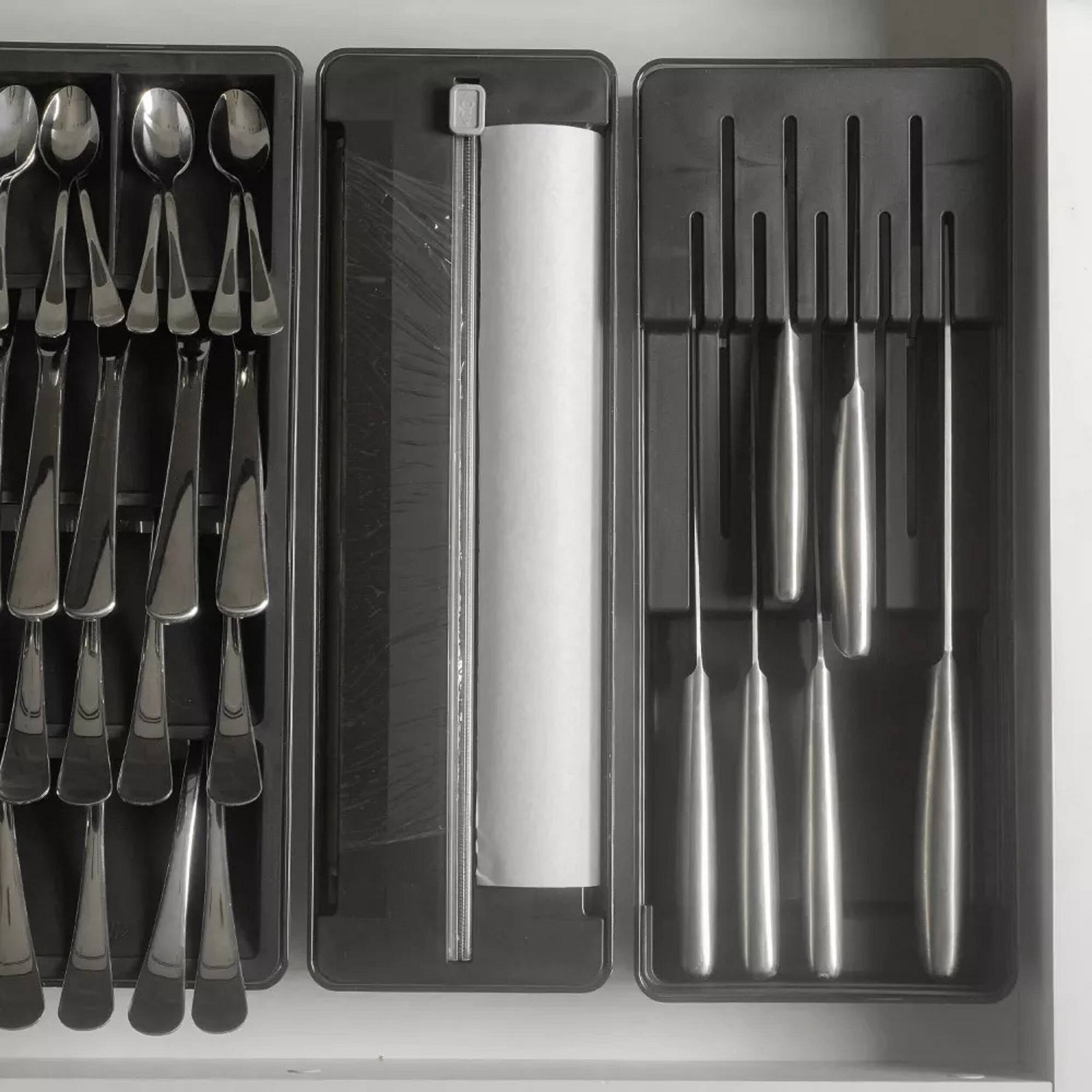 Left. OU - OU In-Drawer Silverware and Utensils Organizer Set – Knife & Utensil Holder, Wrap Roll Dispenser - Black - Black.