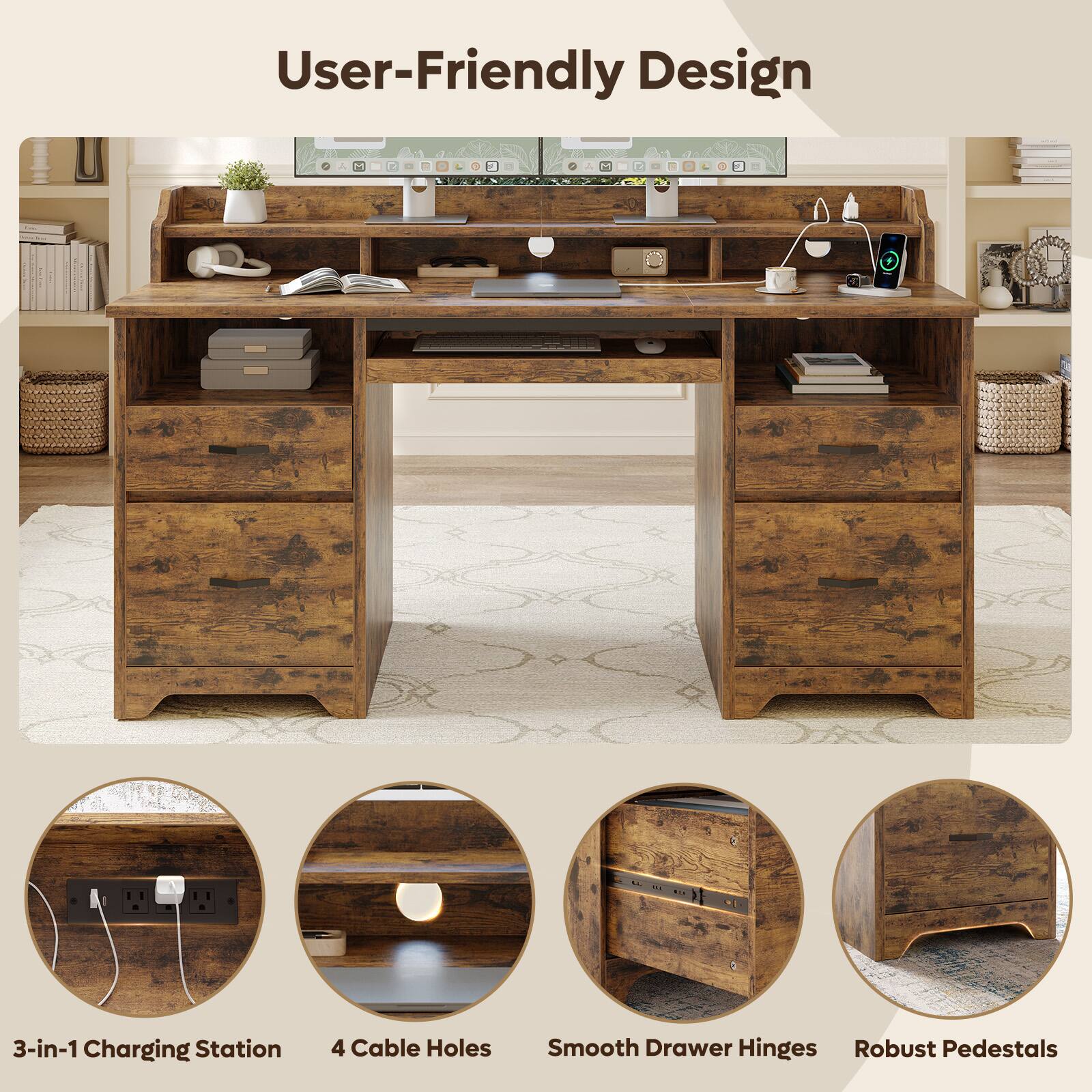 User-Friendly Design

- 3-in-1 Charging Station
- 4 Cable Holes
- Smooth Drawer Hinges
- Robust Pedestals