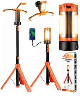 Sugift - Rechargeable Camping Work Light With Detachable Stand 6.5 ft Max Height 3 LED Lamp Heads 2500 Lumens - Orange