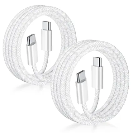 Front. Core Tech - USB-C to USB-C Woven Charging Cable (2-Pack) – 3 ft – 60W Fast Charging – Certified – For iPhone 16/15, Samsung Galaxy, - White.