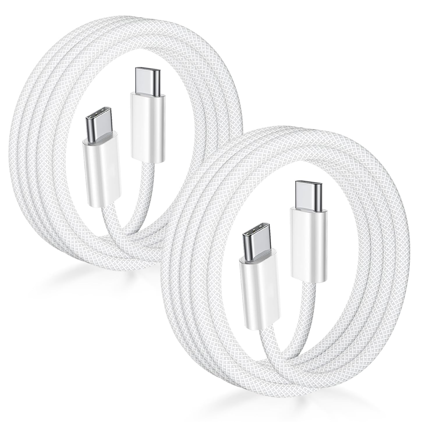 Front. Core Tech - USB-C to USB-C Woven Charging Cable (2-Pack) – 3 ft – 60W Fast Charging – Certified – For iPhone 16/15, Samsung Galaxy, - White.