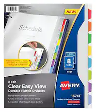 NEW!
Schedule Print section titles on paper, insert into sheet protector, in the back of the binder
1 SHEET PROTECTOR
8 TABS
1 SET
8 Tab Clear Easy View Durable Plastic Dividers
No tab inserts or labels needed
Create all section titles on one sheet
See section titles through clear dividers
AVERY 16741
Free Easy-To-Use Avery Templates
avery.com/print