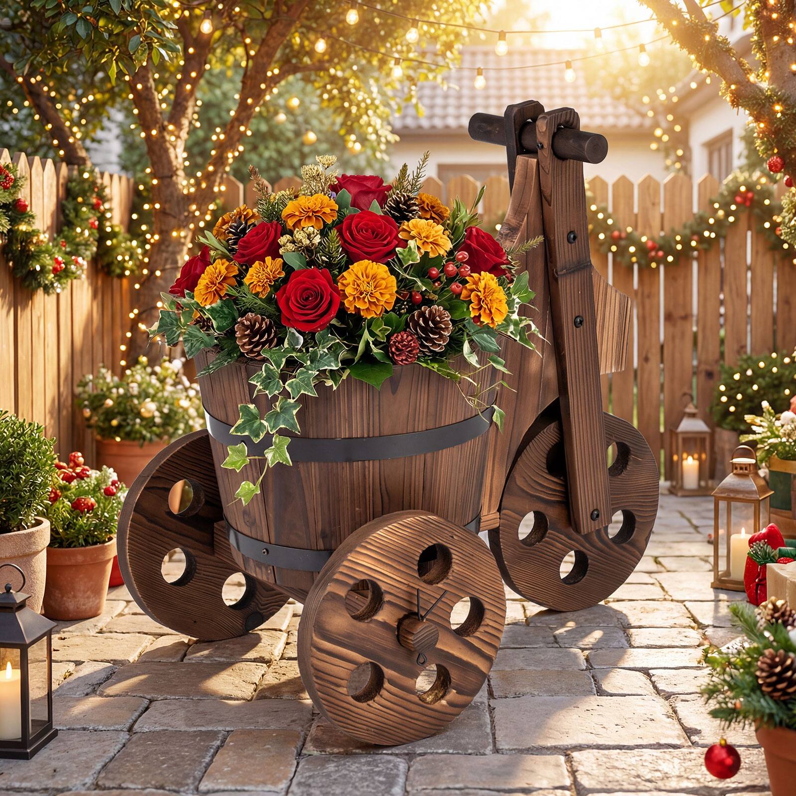 Alt View 3. Costway - Costway 2 PCS Rustic Wood Tricycle Planter with Barrel Pot & Drainage for Patio Garden - Coffee.