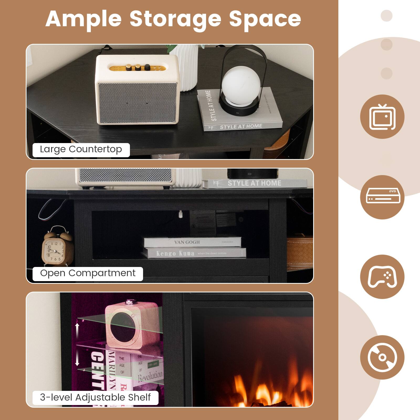 Ample Storage Space:

* Large Countertop
* Open Compartment
* 3-level Adjustable Shelf