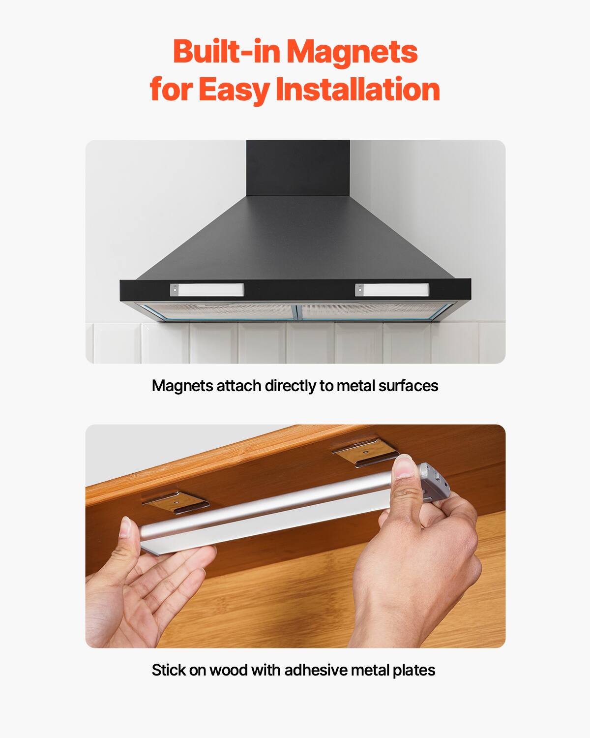Built-in Magnets for Easy Installation

Magnets attach directly to metal surfaces

Stick on wood with adhesive metal plates