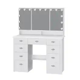 Famapy - Vintage Vanity Table with 3-Sided LED Mirror - Makeup Desk, 9-Drawer Organizer Hidden Storage - White