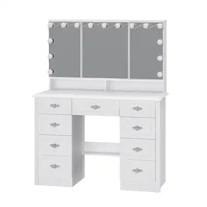 Front. Famapy - Vintage Vanity Table with 3-Sided LED Mirror - Makeup Desk, 9-Drawer Organizer Hidden Storage - White.