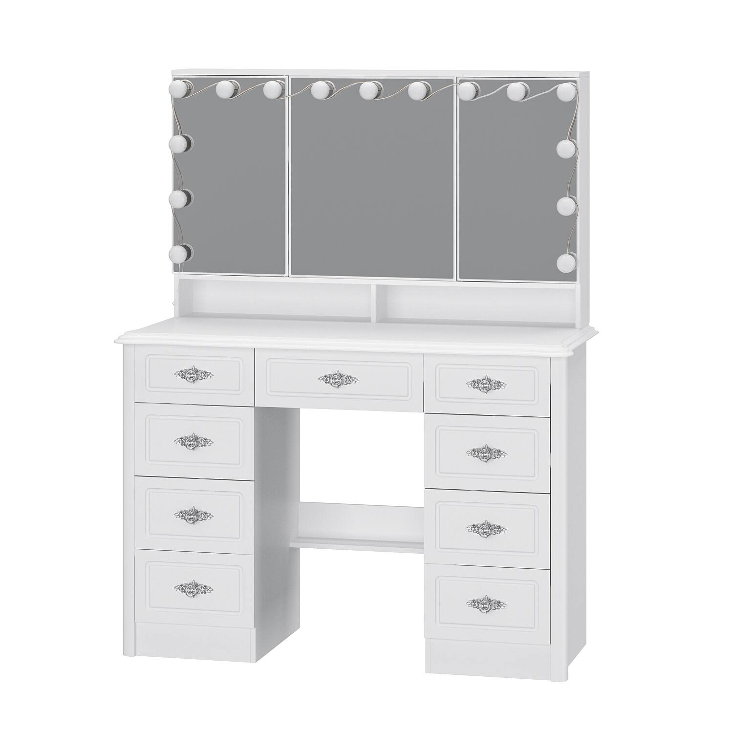 Famapy - Vintage Vanity Table with 3-Sided LED Mirror - Makeup Desk, 9-Drawer Organizer Hidden Storage - White