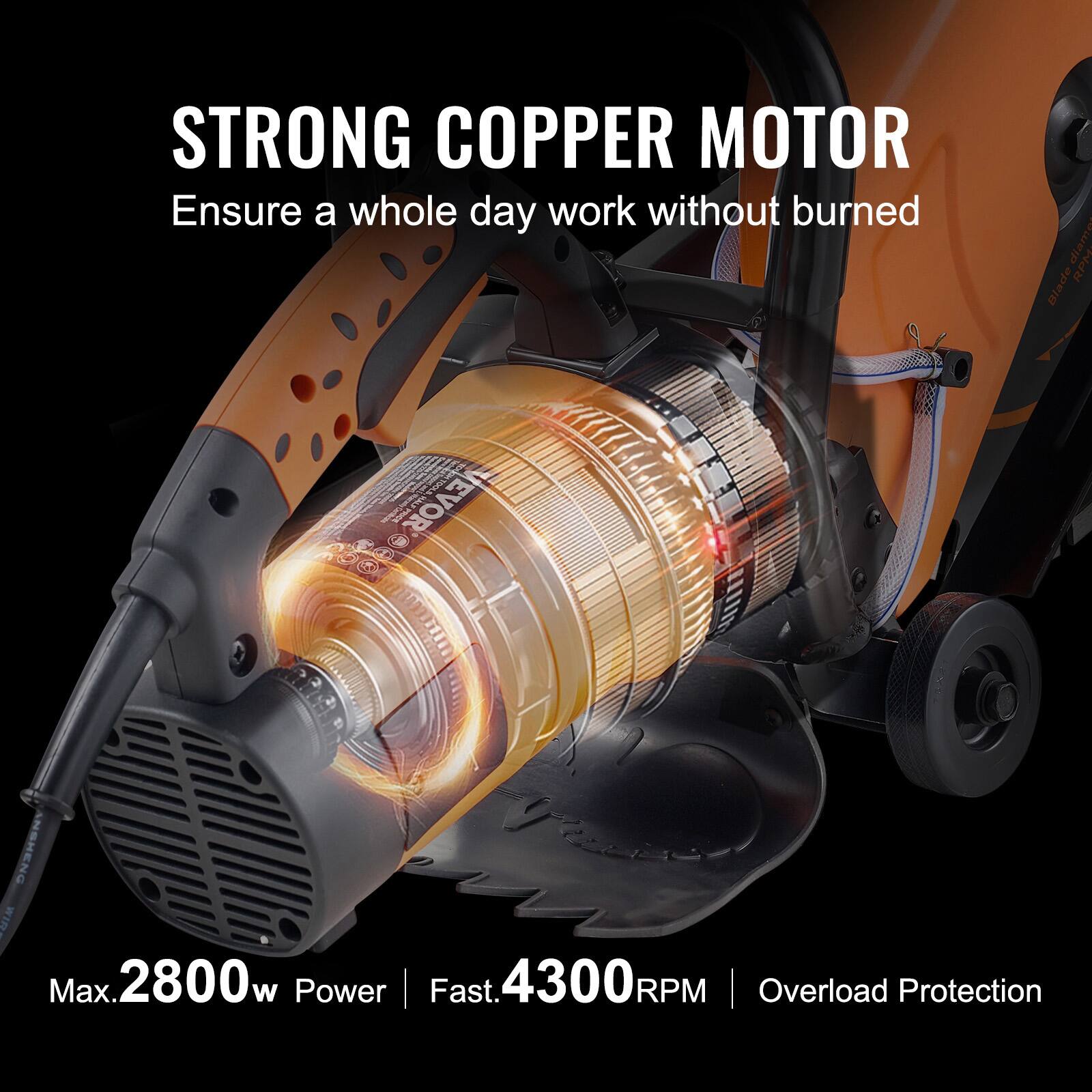 STRONG COPPER MOTOR  
Ensure a whole day work without burned

Max. 2800w Power  
Fast. 4300RPM  
Overload Protection