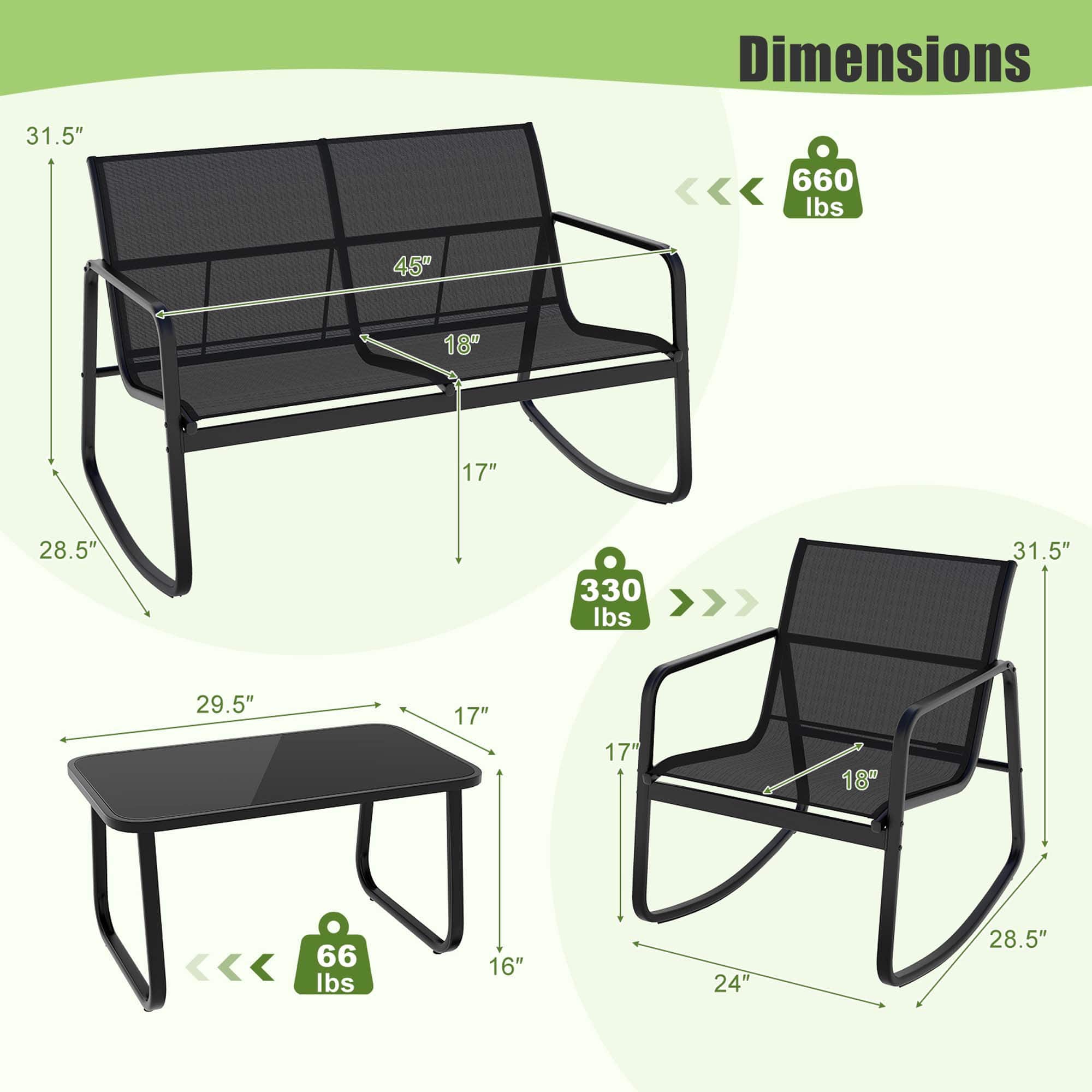 Dimensions: 31.5" x 660 lbs, 45" x 18" x 17" x 28.5" x 330 lbs, 31.5" x 29.5" x 17" x 17" x 18" x 66 lbs, 16" x 24" x 28.5".