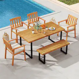 Costway - 6PCS Patio Dining Table Set, Table with 4 Acacia Wood Armchairs & Backless Bench - Natural,Black