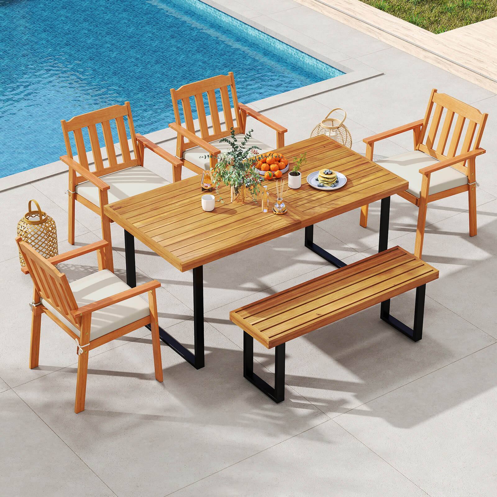 Alt View 1. Costway - Costway 6PCS Patio Dining Table Set, Table with 4 Acacia Wood Armchairs & Backless Bench - Natural,Black.