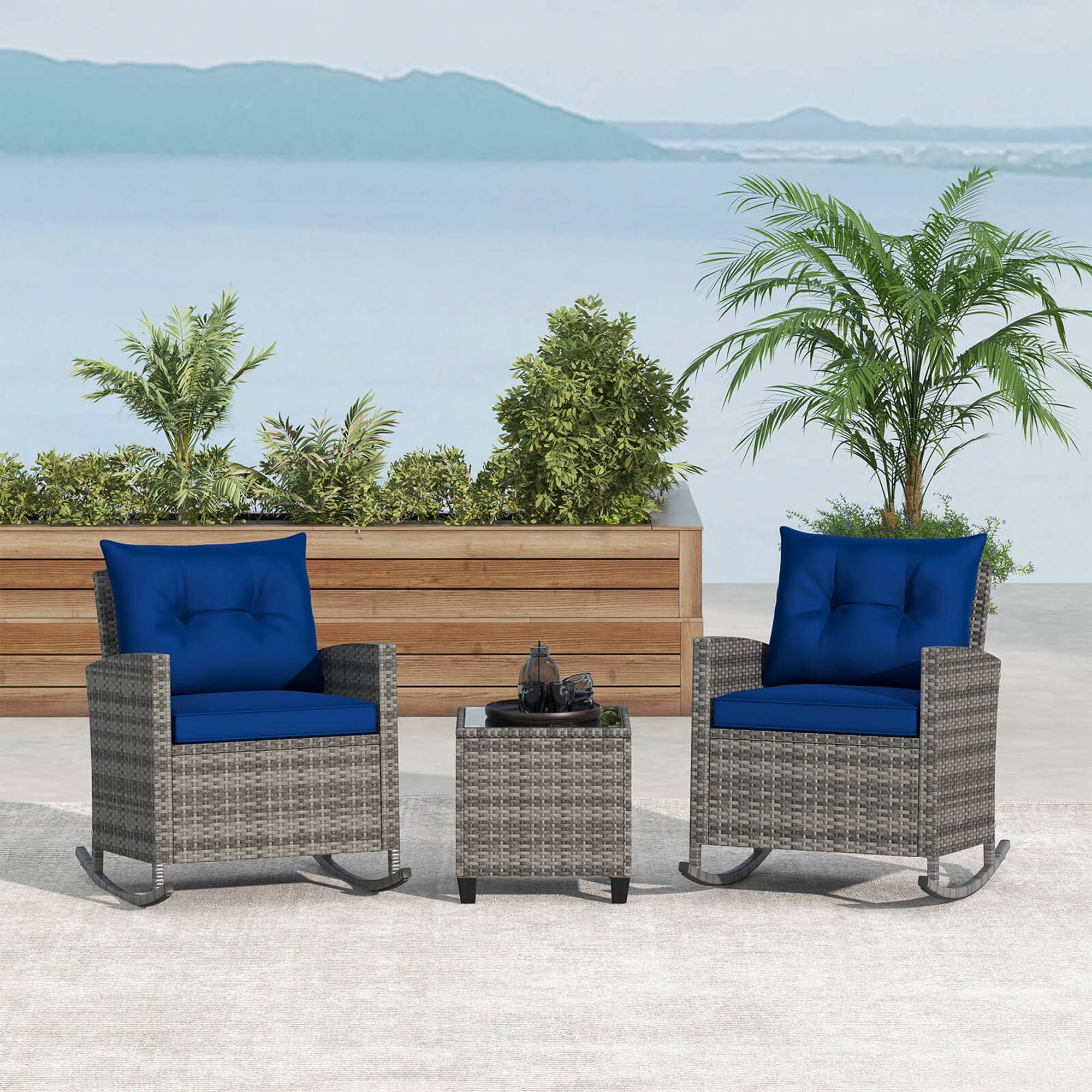 Alt View 1. Costway - 3 PCS Patio Wicker Rocking Set with Tempered Glass Table & Soft Cushions Outdoor - Navy.