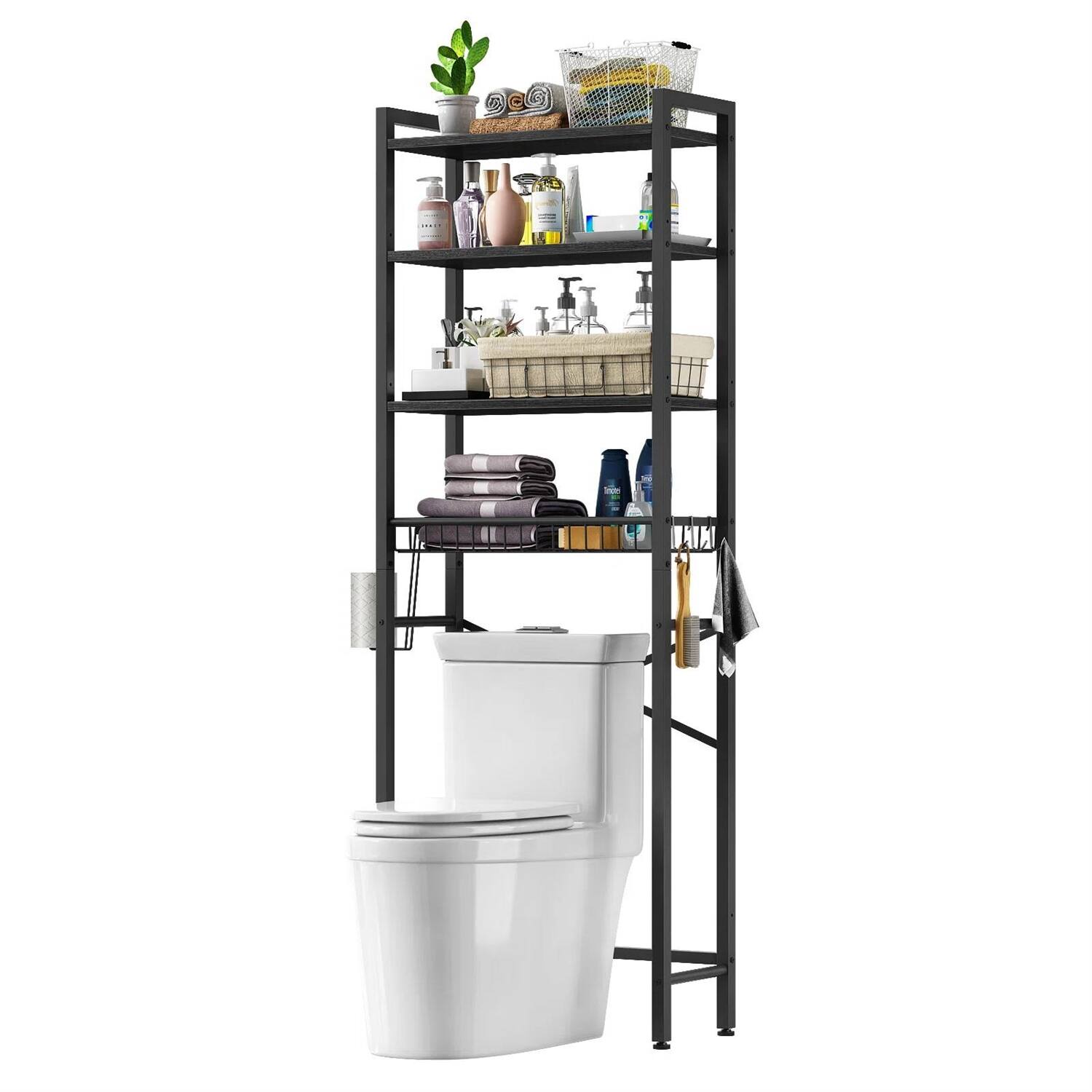 Left. Hivvago - Black Over the Toilet Storage Freestanding Industrial Metal Wood Shelving Unit - Black.