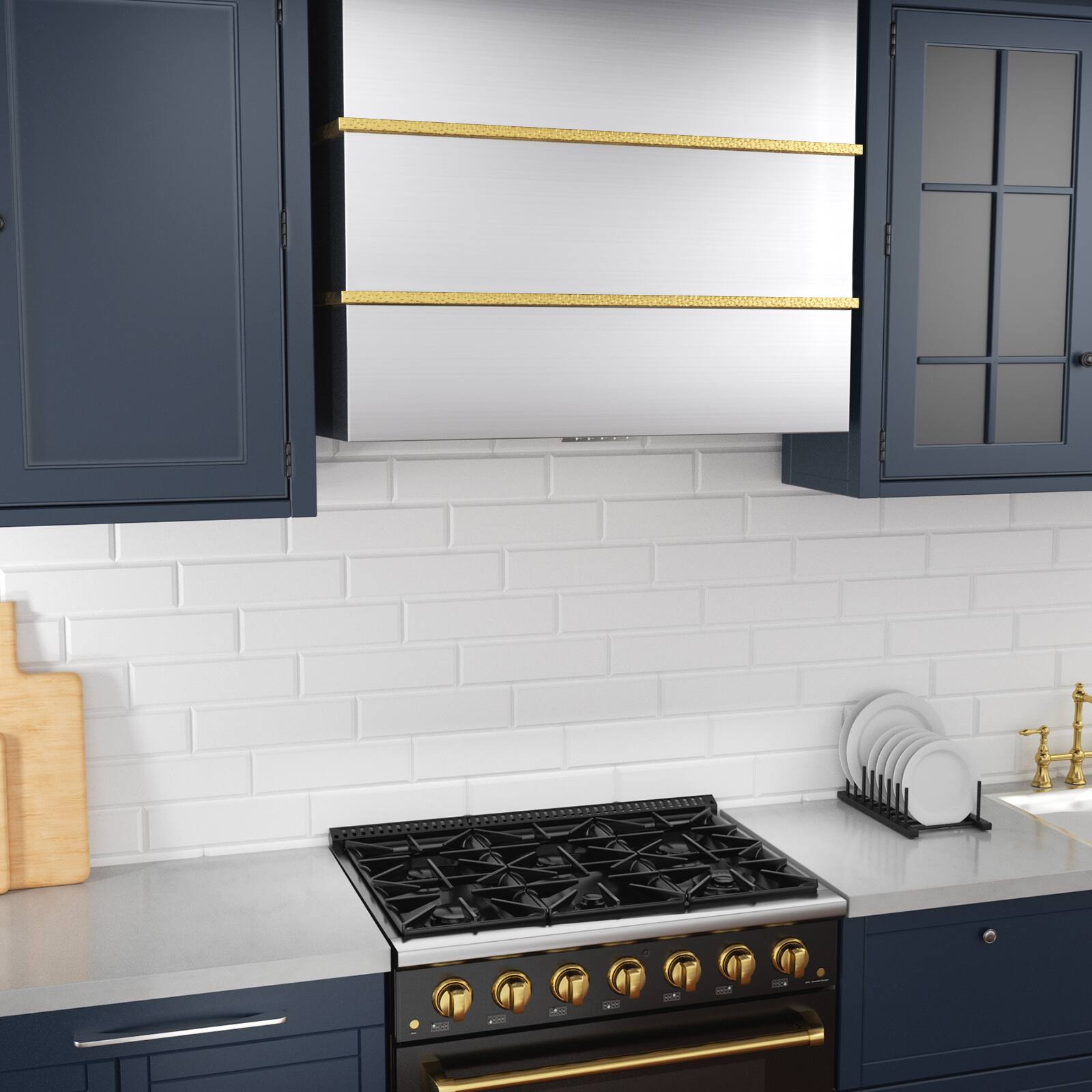 Alt View 4. Akicon - Akicon 36 in Stainless Steel Range Hood with Vent Motor, 600 CFM, Wall Mount, in Brushed Stainless Steel with Gold - Stainless steel with Gold.