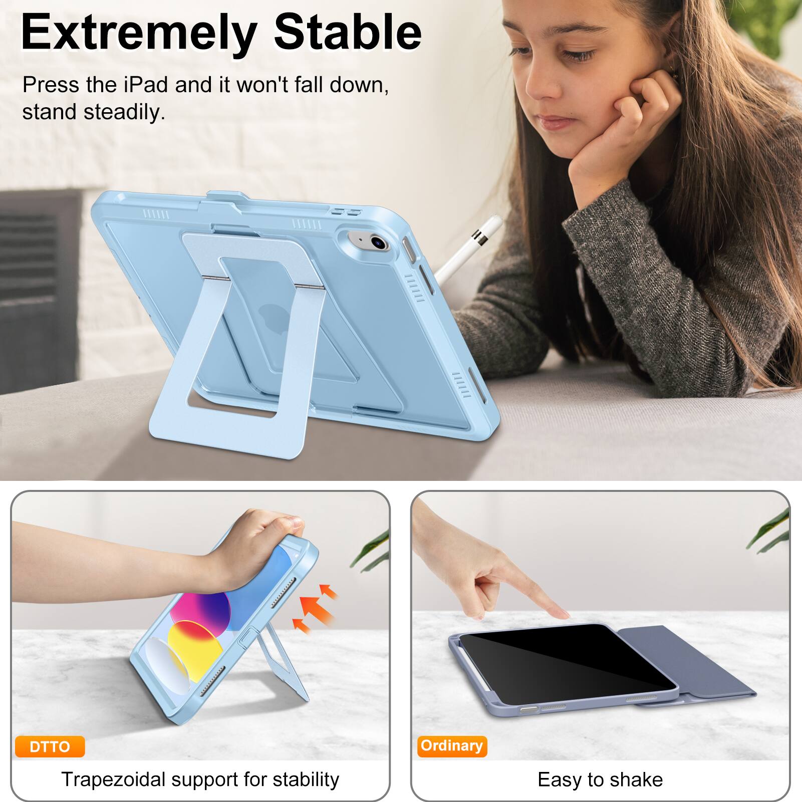 Extremely Stable  
Press the iPad and it won't fall down, stand steadily.  

AEe - I DTTO  
Trapezoidal support for stability  

Ordinary  
Easy to shake