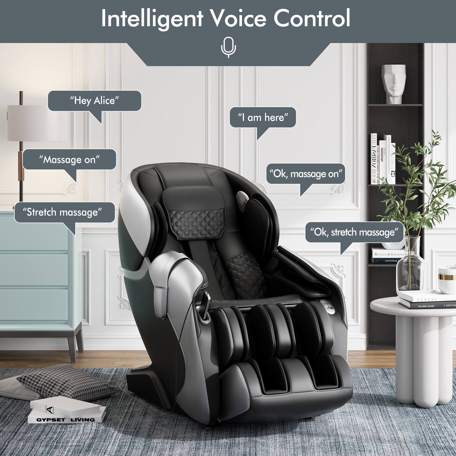 Intelligent Voice Control

- "Hey Alice"
- "I am here"
- "Massage on"
- "Ok, massage on"
- "Stretch massage"
- "Ok, stretch massage"
