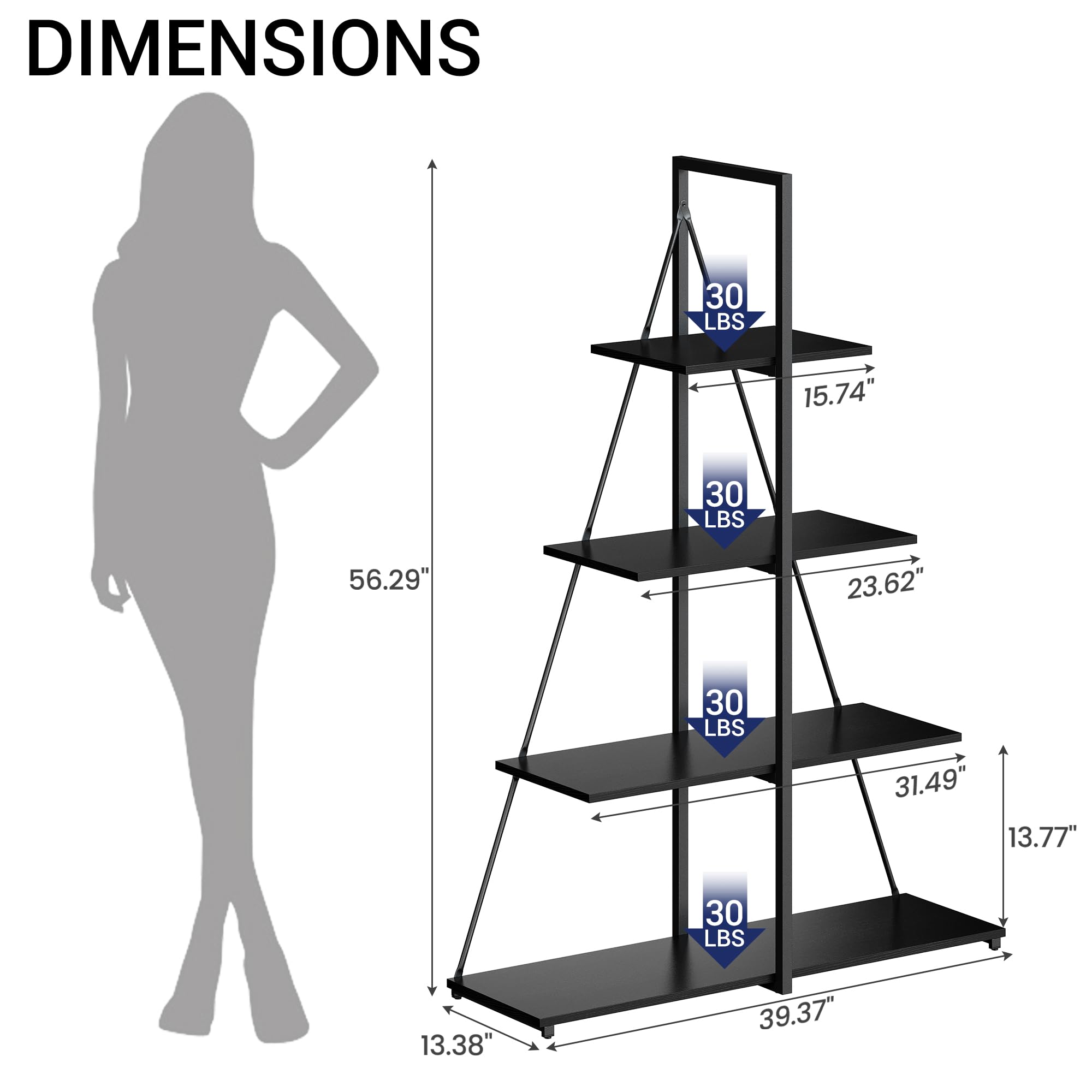 DIMENSIONS

- 30 LBS
  - Height: 56.29"
  - Width: 23.62"
  - Depth: 15.74"

- 30 LBS
  - Height: 31.49"
  - Width: 13.77"
  - Depth: 13.38"

- 30 LBS
  - Height: 39.37"
  - Width: 13.38"