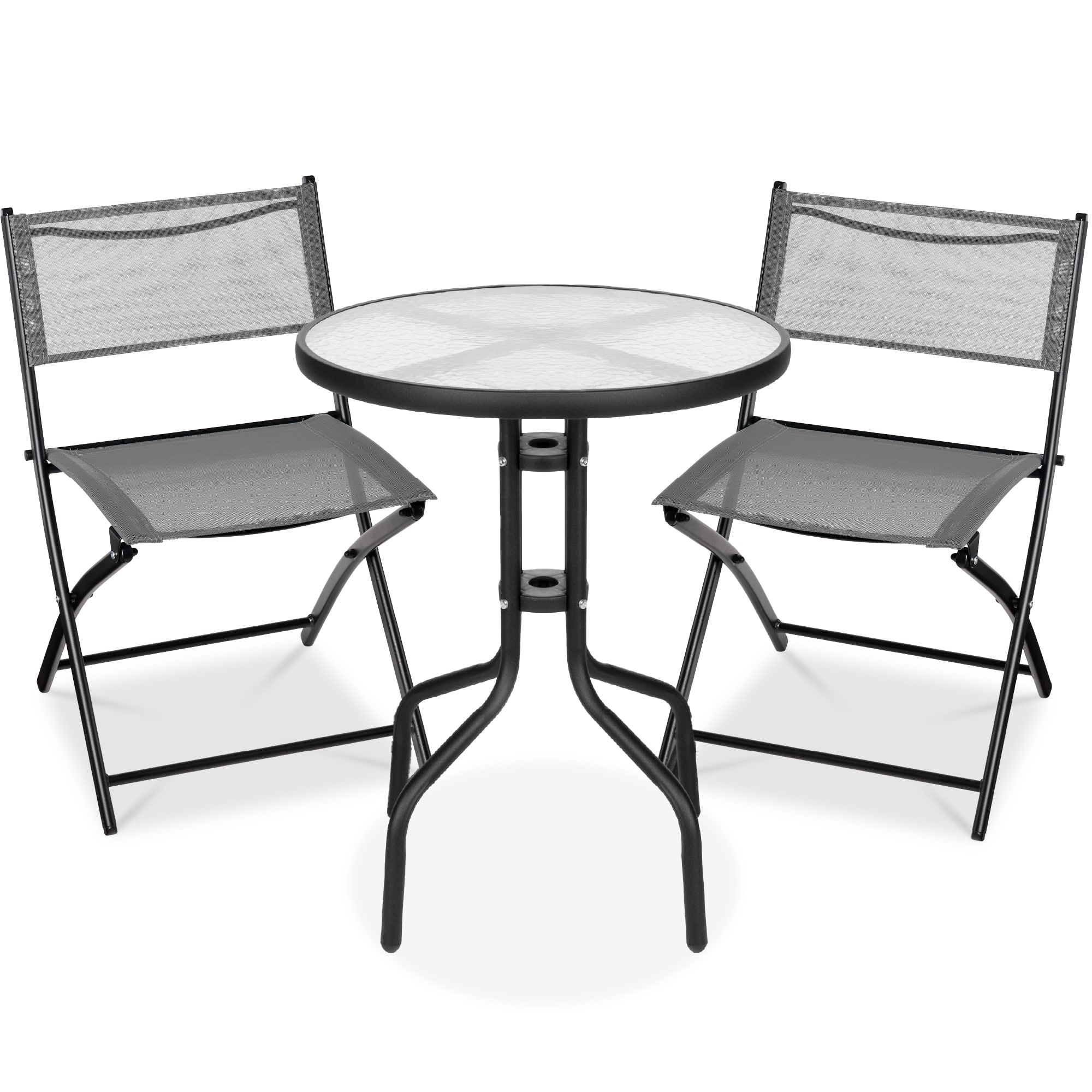 Best Choice Products - 3-Piece Patio Bistro Dining Furniture Set w/ Glass Tabletop, Folding Chairs - Gray