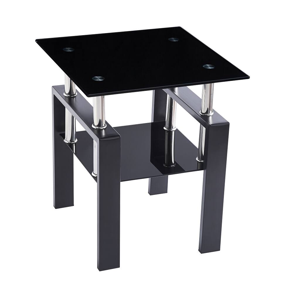 Alt View 1. Loheer - Loheer Black Glass Sofa Table 2-Layer End Table with Storage Modern Square Glass Tea Table for Living Room - Black.