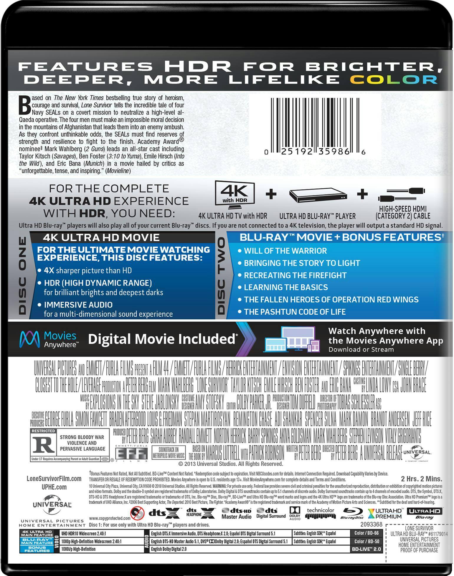 Back. Lone Survivor   - 4K Blu-Ray.
