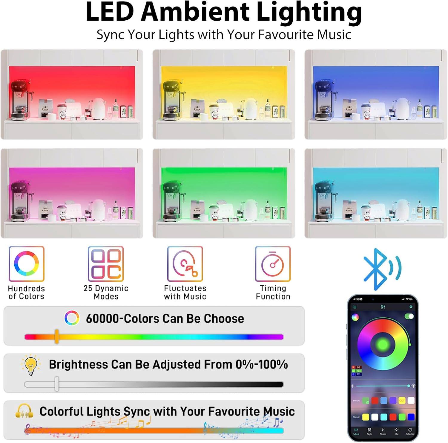 LED Ambient Lighting  
Sync Your Lights with Your Favourite Music

- Hundreds of Colors
- 25 Dynamic Modes
- Fluctuates with Music
- Timing Function
- 60000-Colors Can Be Choose
- Brightness Can Be Adjusted From 0%-100%
- Colorful Lights Sync with Your Favourite Music