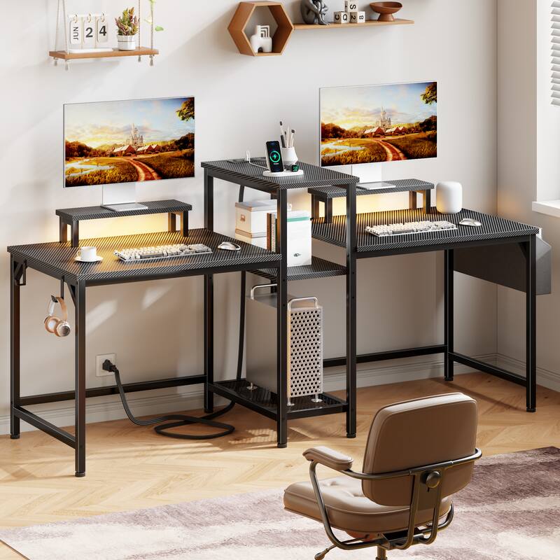 Front. Furologee - 71 Inch 2 Person Gaming Desk with Storage Shelves  Double Home Office Computer Writing Desks with USB Charging Port - Black.