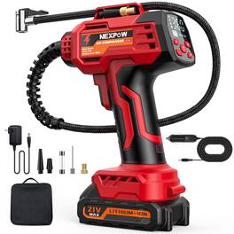 NEXPOW - 160 PSI Cordless Tire Inflator with 21V Battery, 12V DC Dual Power, Digital Gauge and LED Light - Red