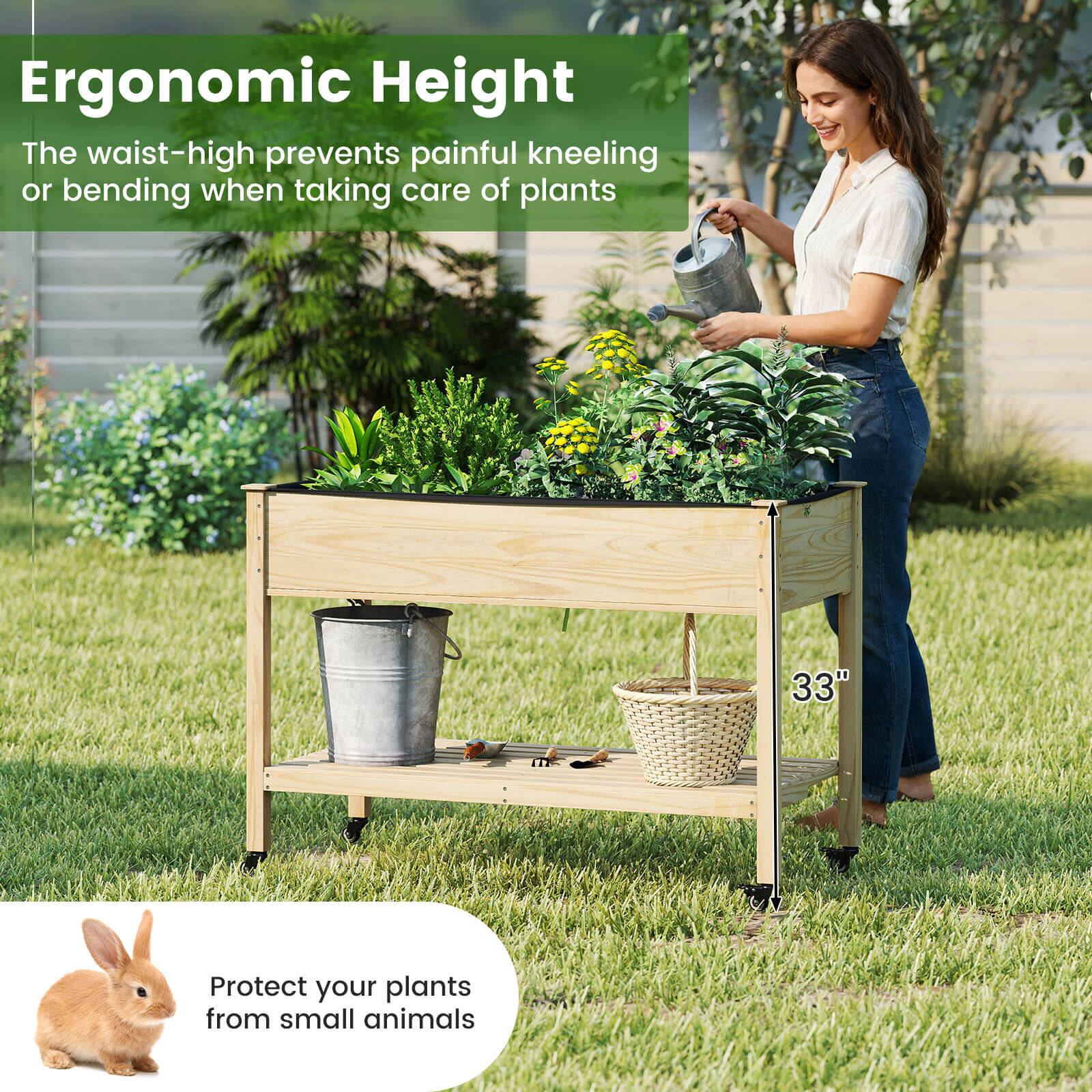 Alt View 9. Costway - Costway 2 PCS Wooden Raised Garden Bed with Legs, Lockable Wheels, Liner for Vegetable Herb - Natural.