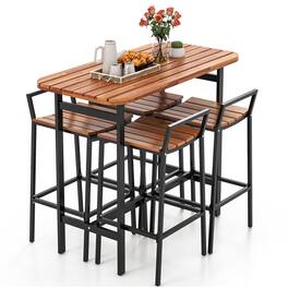 Gymax - Acacia Wood Patio Table & Chair Set 5 Pcs Outdoor Dining Set w/ 1 Table & 4 Bar Height Chairs - Natural, Black