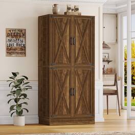 Aheaplus - 70'' Tall Kitchen Pantry Cabinet with Drawer and Adjustable Shelves, 4 Barn Door Pantry for Dining, Kitchen - Weathered Brown