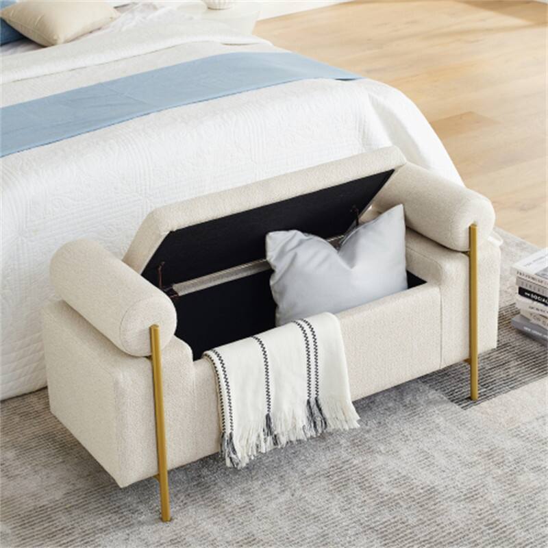 Angle. HTUTWOO - Linen Storage Ottoman Bench for Living Room Bedroom - Elegant Upholstered Bench with Cylindrical Arms and Iron Legs - Beige.