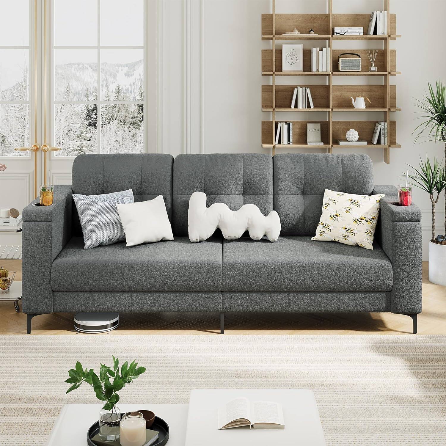 Front. Babevy - 84 Inch Sofa Teddy Fleece Storage Armrests Cup Holders Side Pockets Dark Gray - Multiple colors/finishes.
