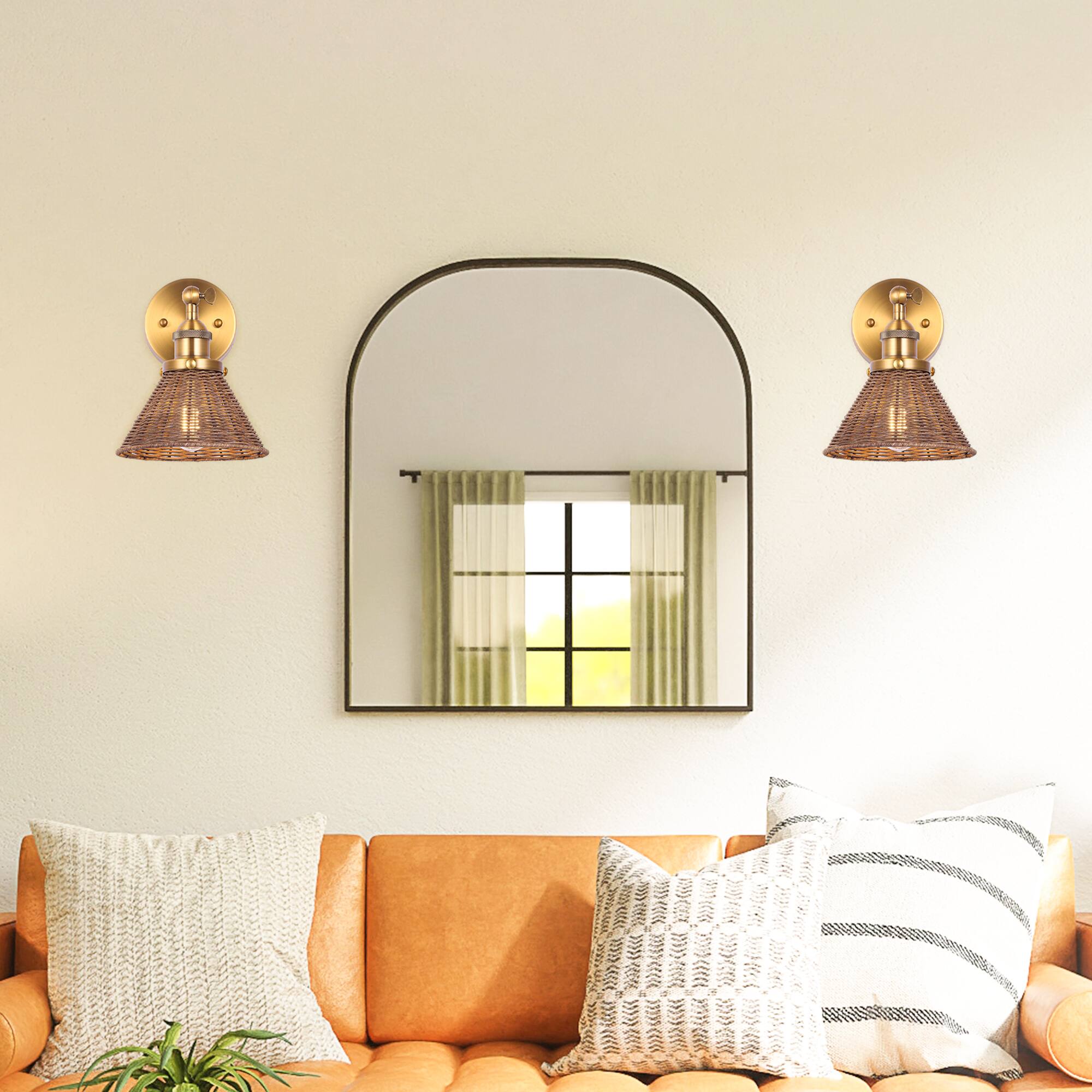 Back. Parrot Uncle - 7" W Rustic Gold Wall Light with Rattan Shade - Gold.