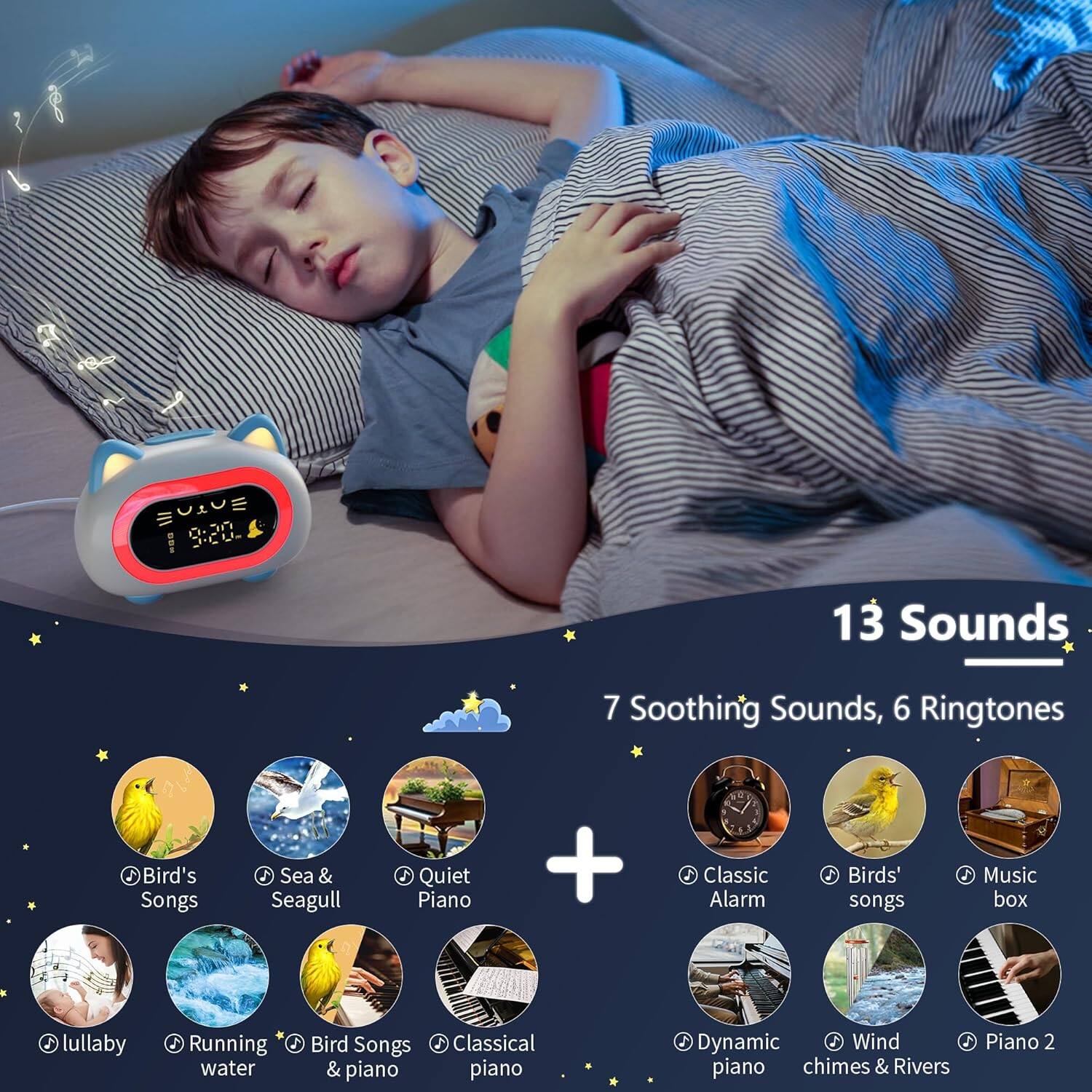 0.3n Cu F 13 Sounds 7 Soothing Sounds, 6 Ringtones Bird's Songs Sea & Seagull Quiet Piano + Classic Alarm Birds' songs Music box lullaby Running water Bird Songs Classical & piano piano Dynamic Wind piano chimes & Rivers Piano 2