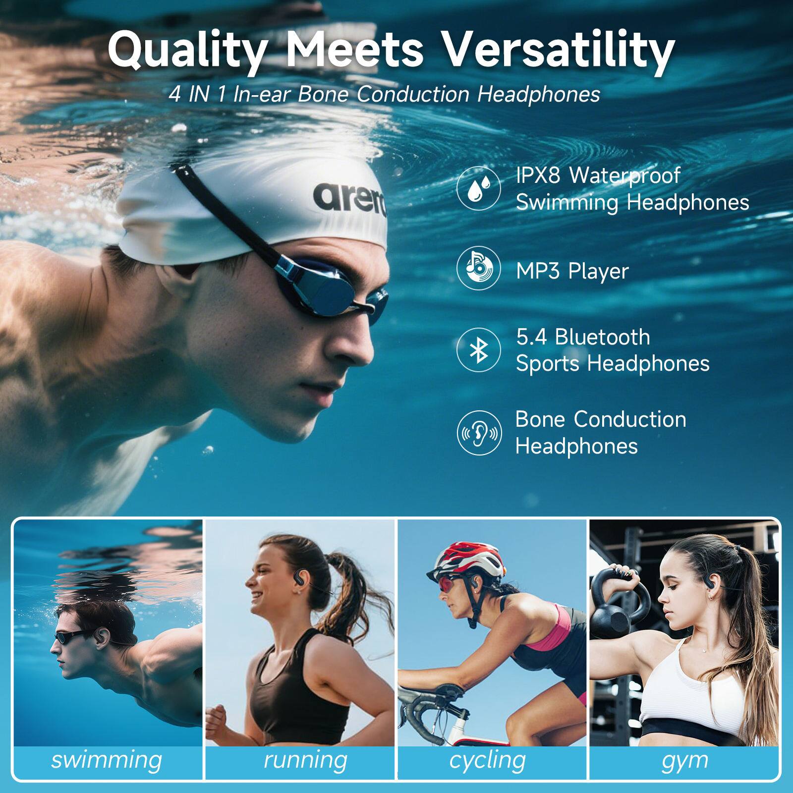 Quality Meets Versatility  
4 IN 1 In-ear Bone Conduction Headphones  
IPX8 Waterproof Swimming Headphones  
MP3 Player  
5.4 Bluetooth Sports Headphones  
Bone Conduction Headphones  

swimming  
running  
cycling  
gym