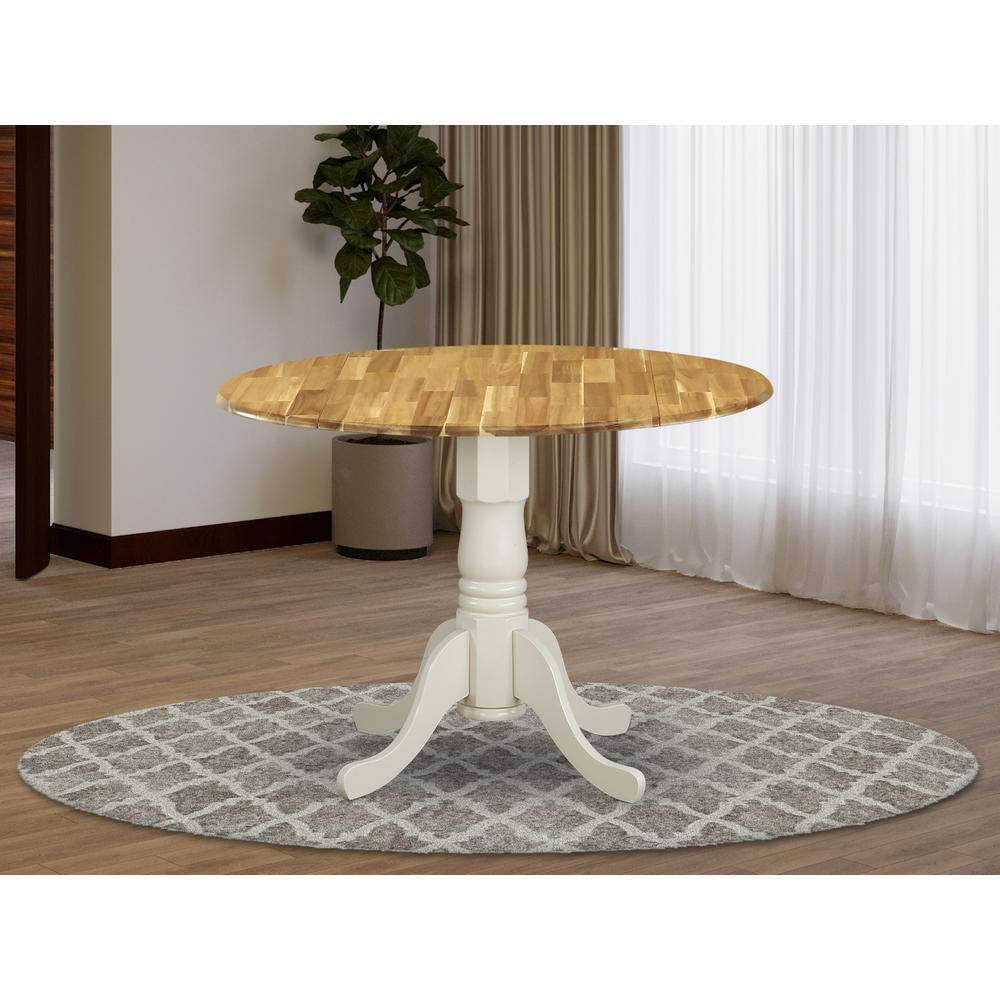 Angle. East West Furniture - East West Furniture DMT-NLW-TP Dublin Modern Dining Table, a Round Kitchen Table with Dropleaf & Pedestal Base - Natural & Linen White.
