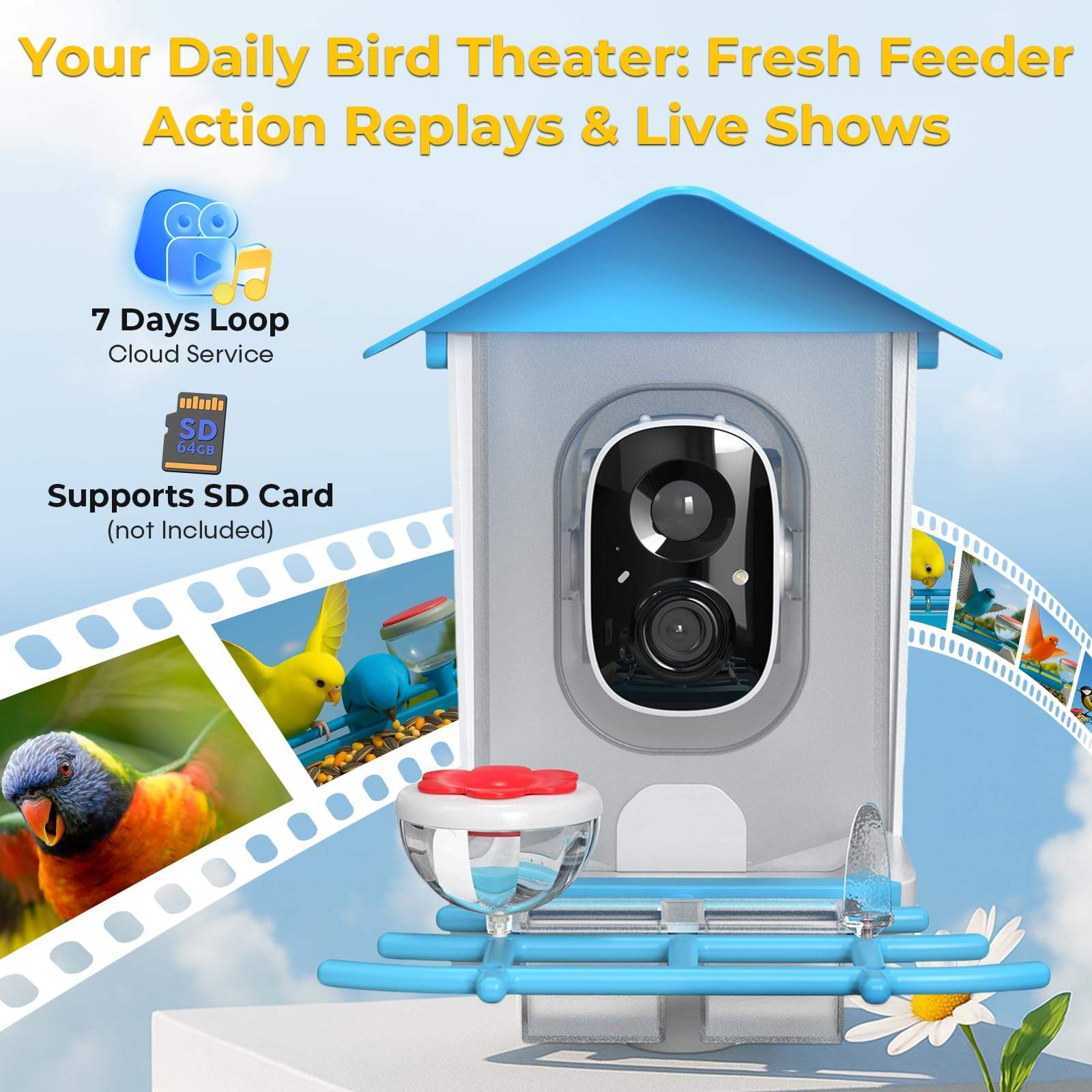 Your Daily Bird Theater: Fresh Feeder Action Replays & Live Shows

7 Days Loop Cloud Service

SD 64GB

Supports SD Card (not Included)