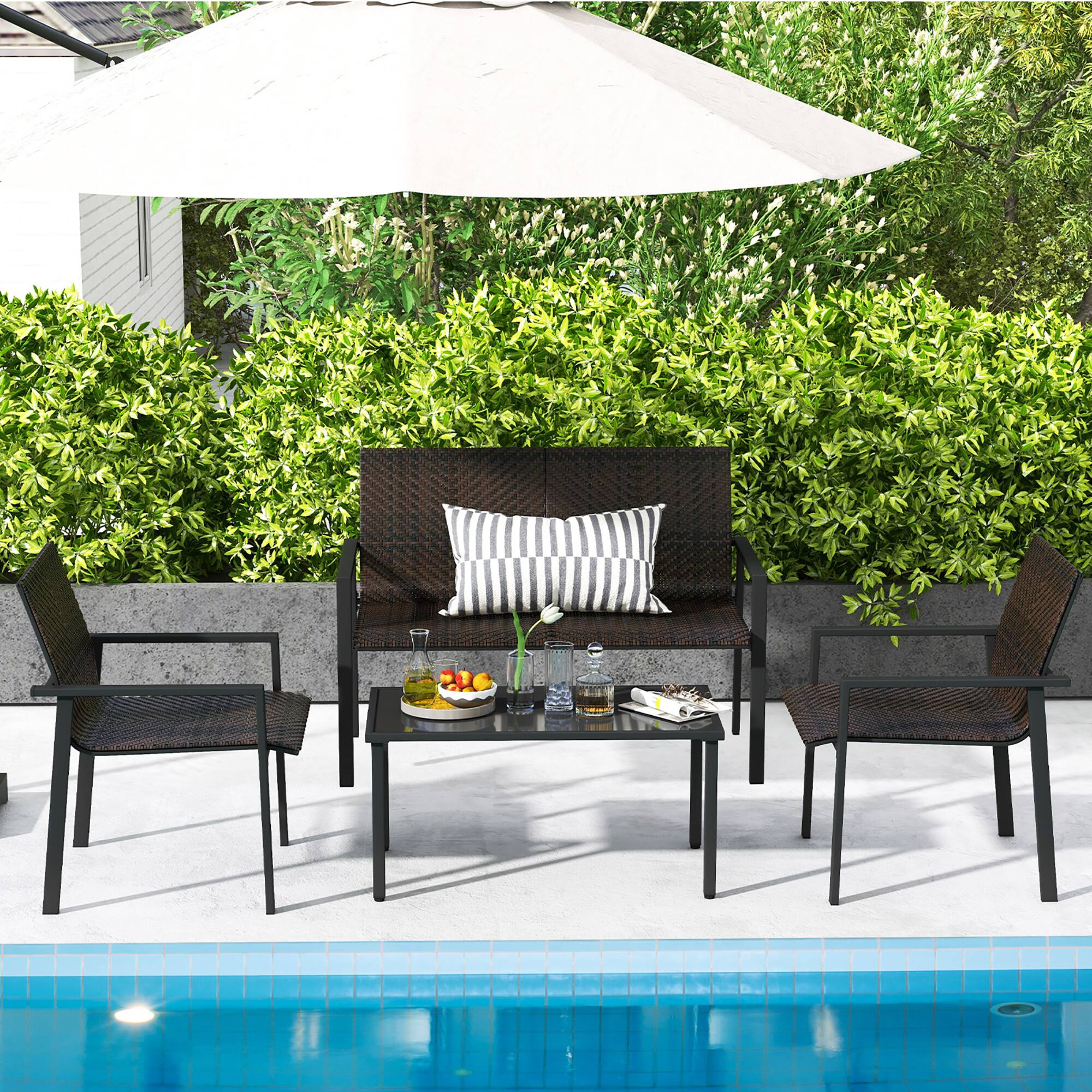 Alt View 8. Gymax - Gymax 4 PCS Patio Furniture Set Heavy Duty Galvanized Metal Frame Wicker Table Mix Brown - Mix Brown.