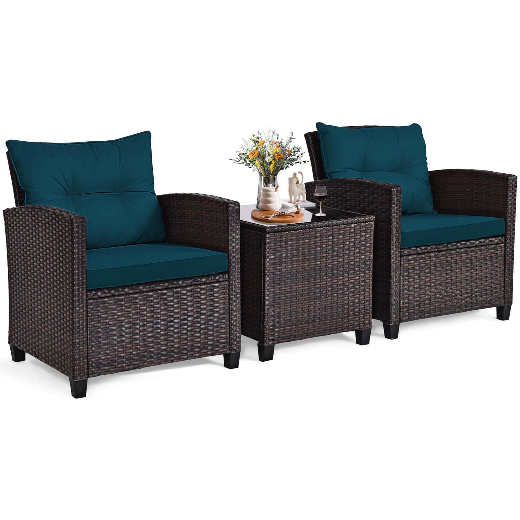 Alt View 6. Gymax - Gymax Set of 3 Rattan Furniture Set Patio Cushioned Conversation Set Sofa Peacock Blue - Peacock Blue.