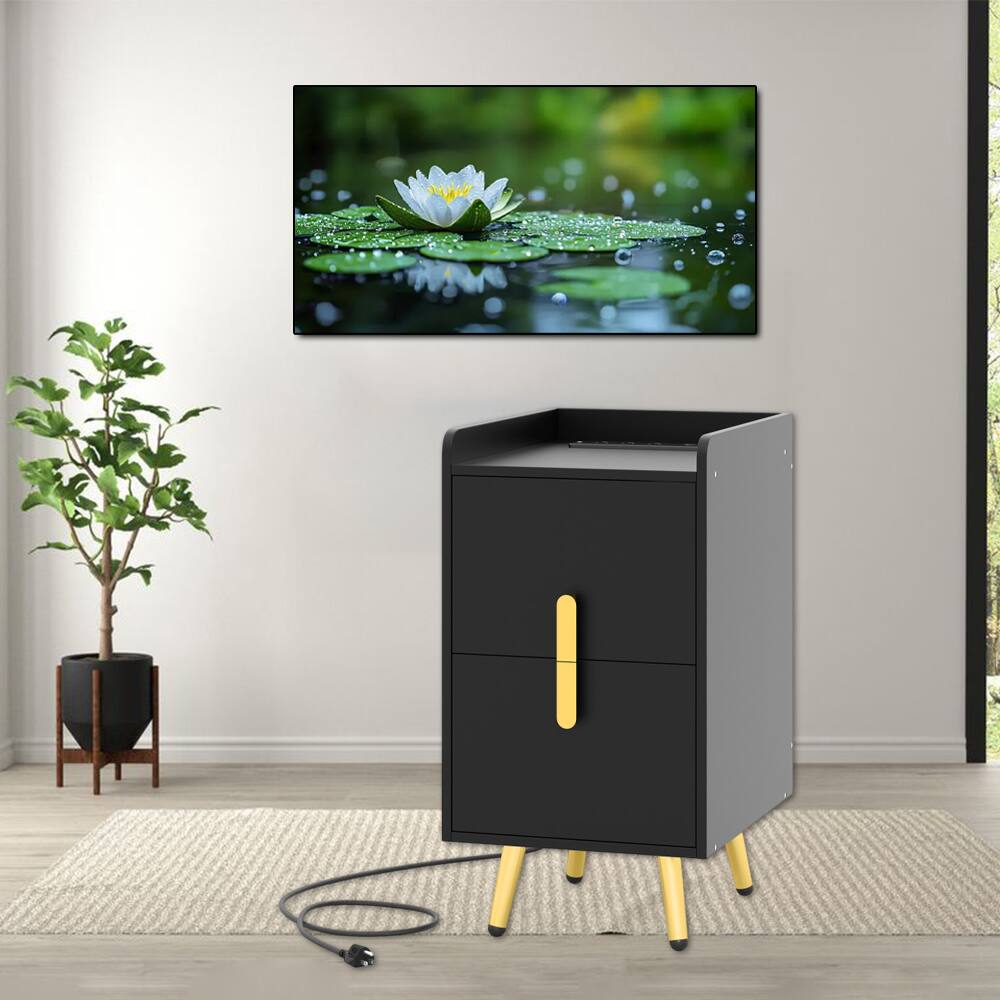 Front. Hivvago - Stylish Nightstands with Double Drawer Storage and Dual USB Ports - Black.