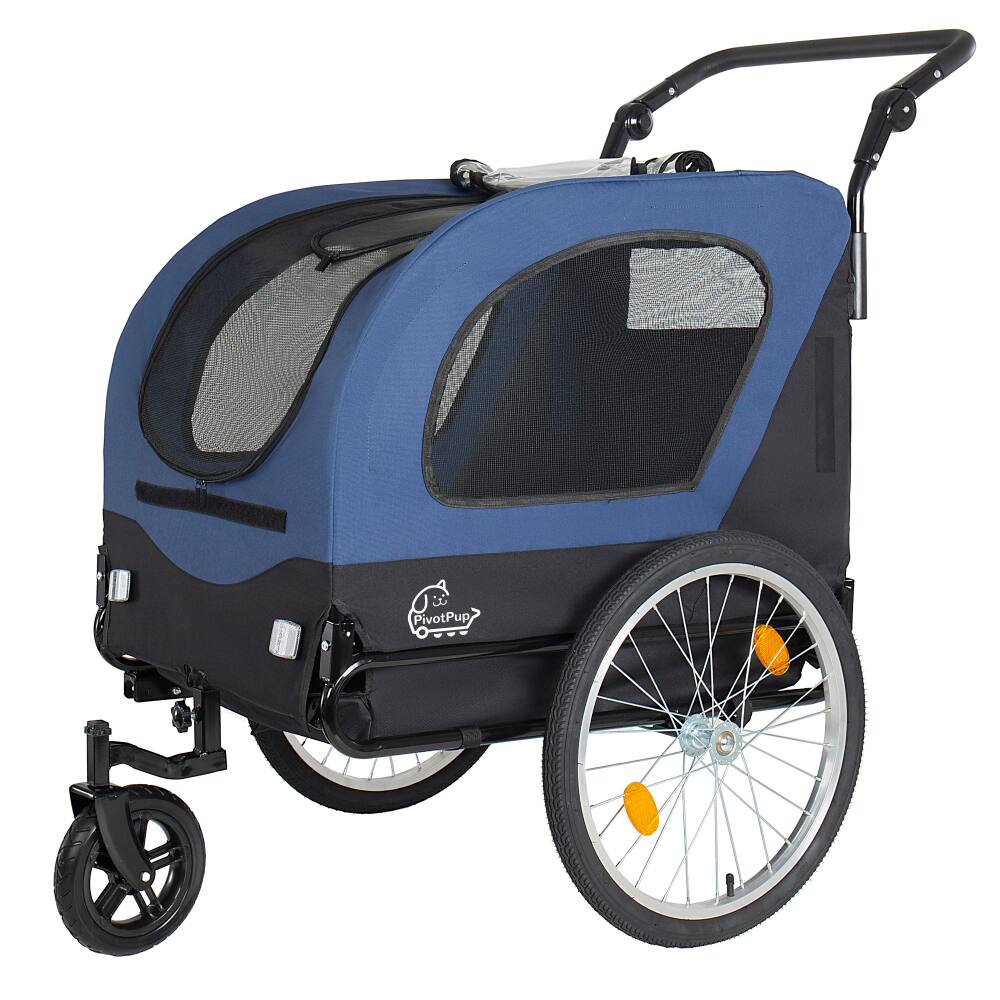 Angle. JUJABU - 2-in-1 Foldable Pet Carrier Cart for Dogs up to 110lbs with Front Caster, Dark Blue.