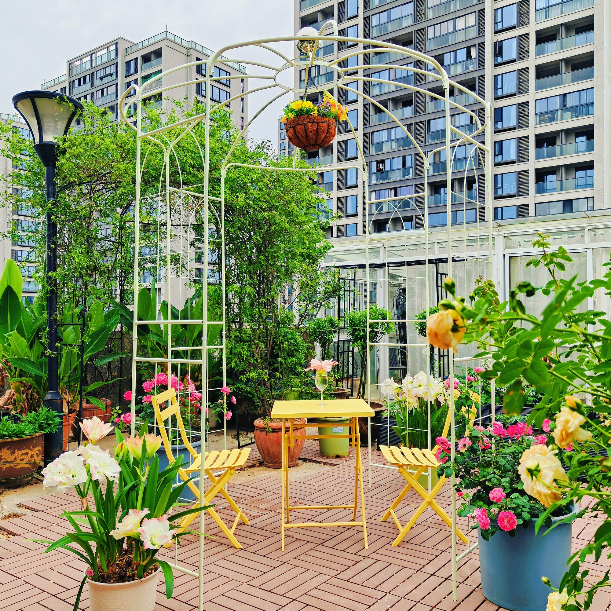 Back. Loheer - 6.8 ft Metal Garden Arch Gazebo Birdcage Pergola Arbor for Wedding Ceremony Patio Lawn - Cream White.