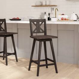 Emma + Oliver - Luther Wooden Modern Farmhouse Swivel Dining Stool with Decorative Carved Back - Gray Wash Walnut